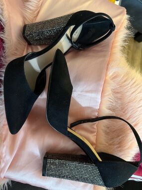 Aldo Black Pointed Toe Block Heel Sandals with Rhinestone Embellished Heel
